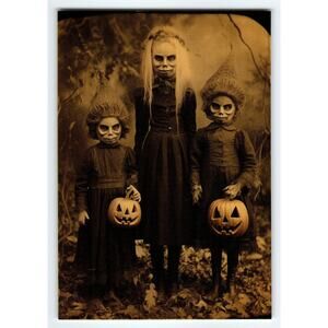 Creepy Vintage Halloween Postcard Photochrome Three Children with
